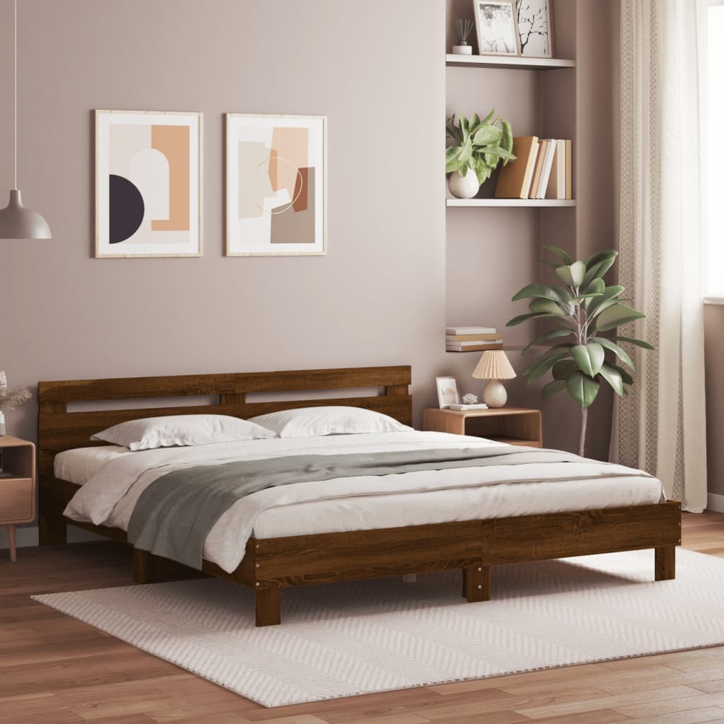 vidaXL Rama łóżka z wezgłowiem i LED, brązowy dąb, 200x200 cm