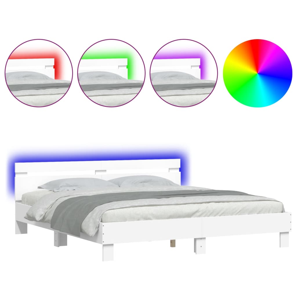 vidaXL Rama łóżka z wezgłowiem i LED, biała, 180x200 cm