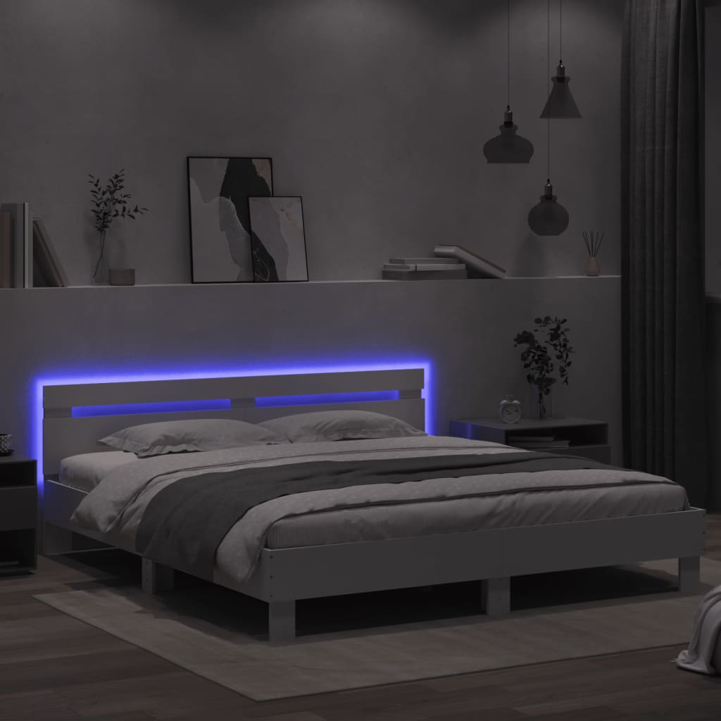 vidaXL Rama łóżka z wezgłowiem i LED, biała, 180x200 cm
