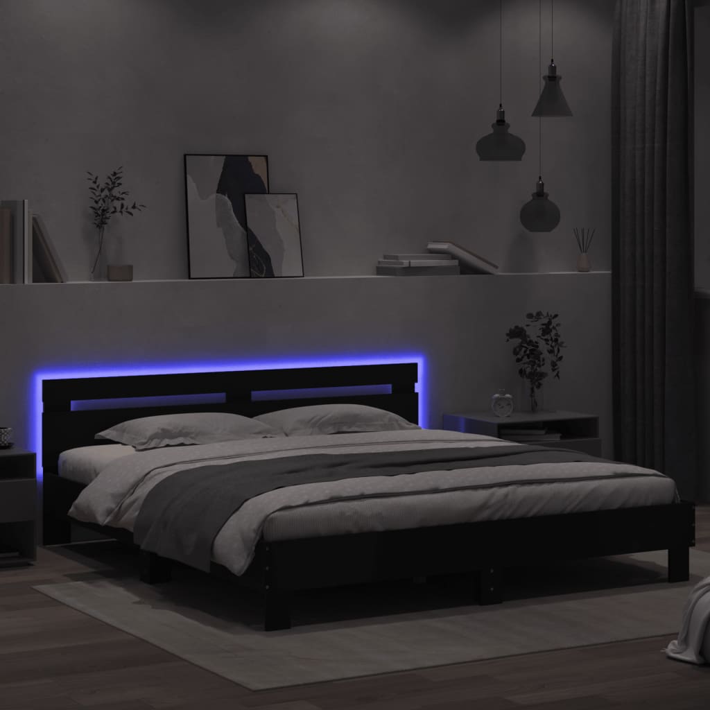 vidaXL Rama łóżka z wezgłowiem i LED, czarna, 180x200 cm