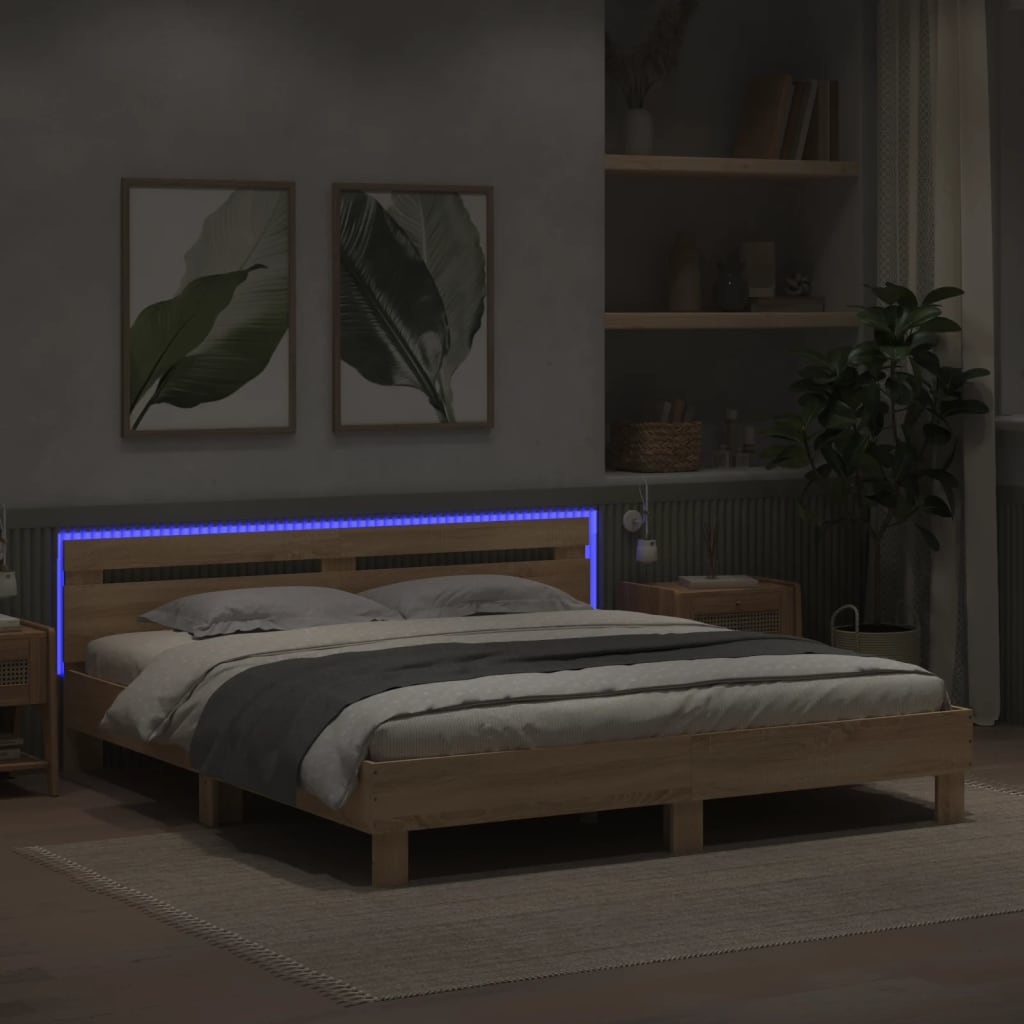 vidaXL Rama łóżka z wezgłowiem i LED, dąb sonoma, 180x200 cm