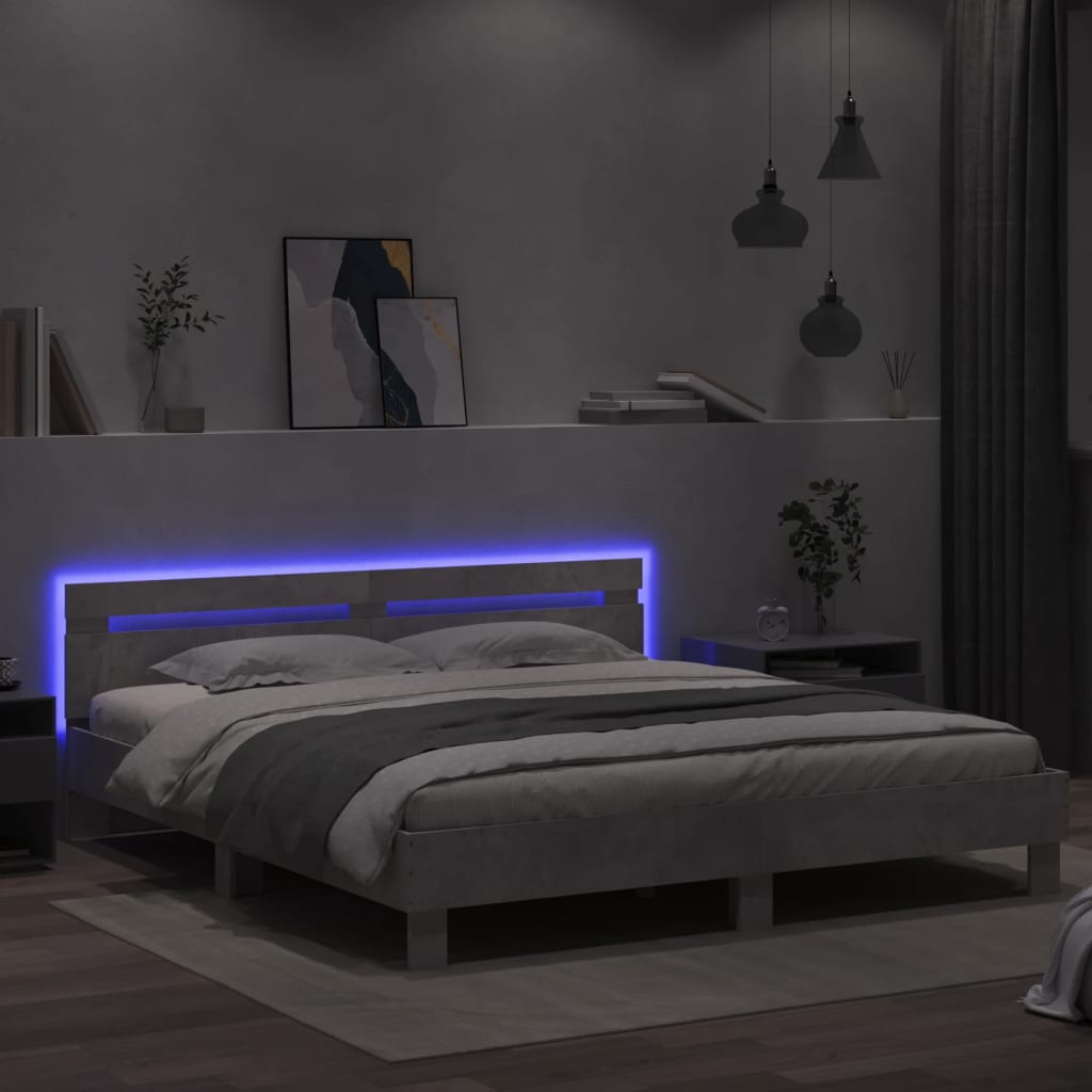 vidaXL Rama łóżka z wezgłowiem i LED, szarość betonu, 180x200 cm