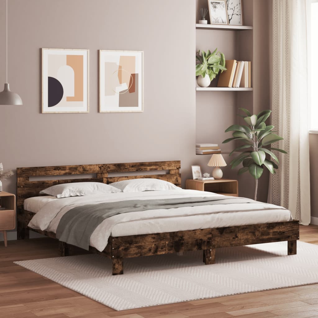 vidaXL Rama łóżka z wezgłowiem i LED, przydymiony dąb, 180x200 cm