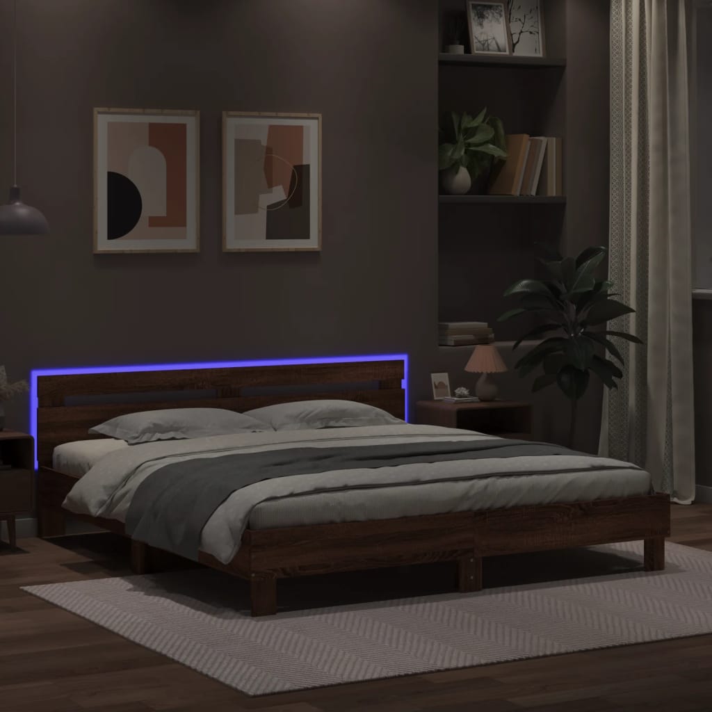 vidaXL Rama łóżka z wezgłowiem i LED, brązowy dąb, 180x200 cm