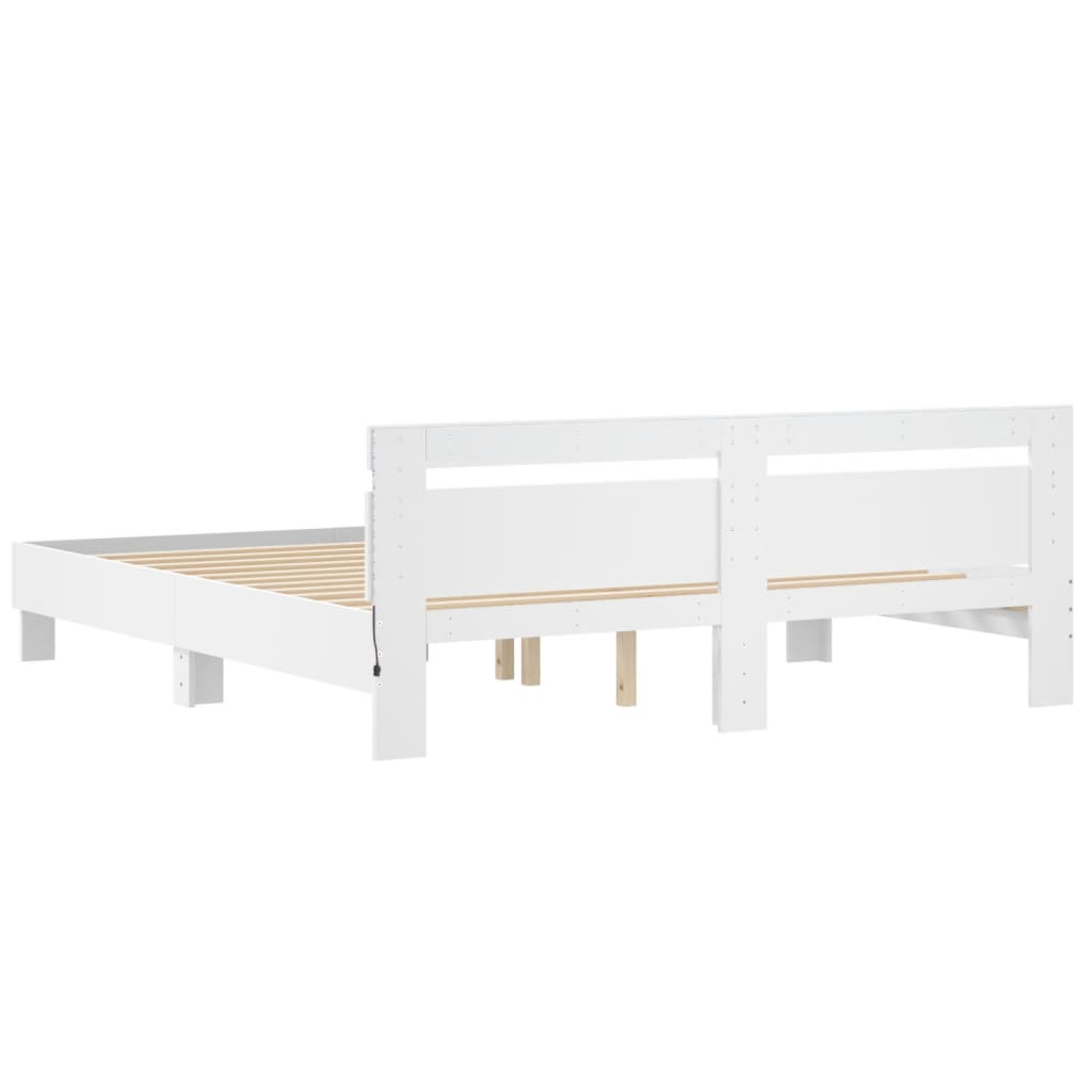 vidaXL Rama łóżka z wezgłowiem i LED, biała, 160x200 cm