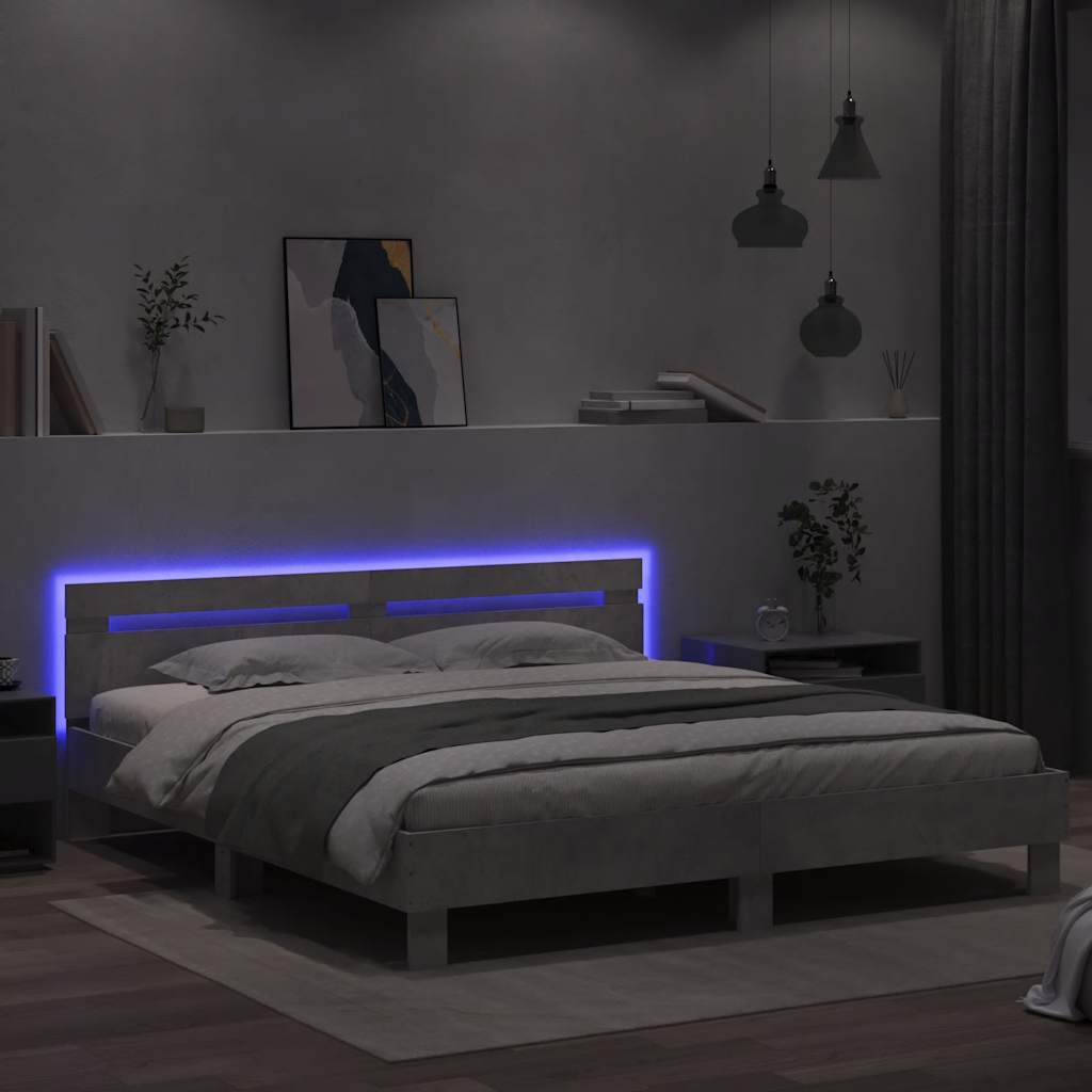 vidaXL Rama łóżka z wezgłowiem i LED, szarość betonu, 160x200 cm