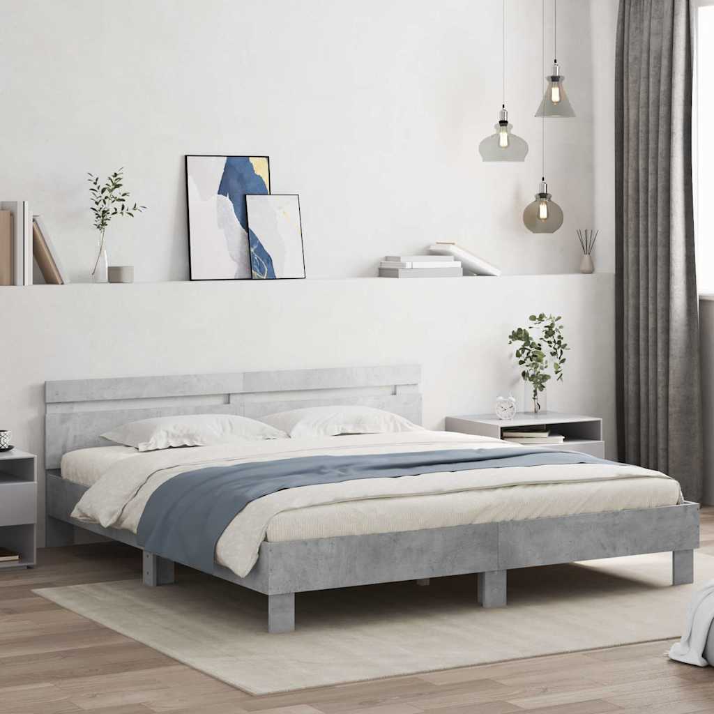 vidaXL Rama łóżka z wezgłowiem i LED, szarość betonu, 160x200 cm