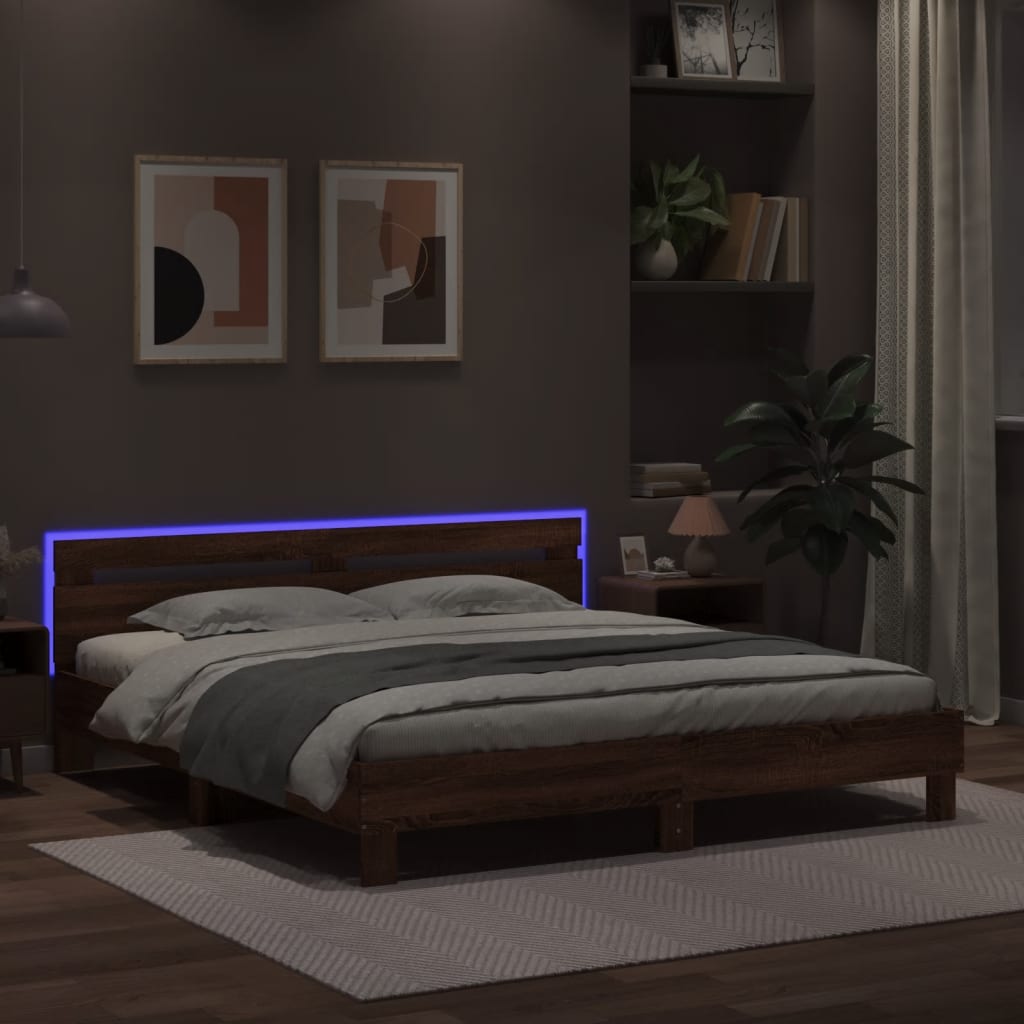 vidaXL Rama łóżka z wezgłowiem i LED, brązowy dąb, 160x200 cm