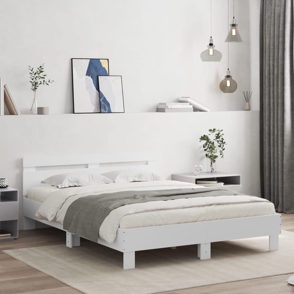 vidaXL Rama łóżka z wezgłowiem i LED, biała, 150x200 cm