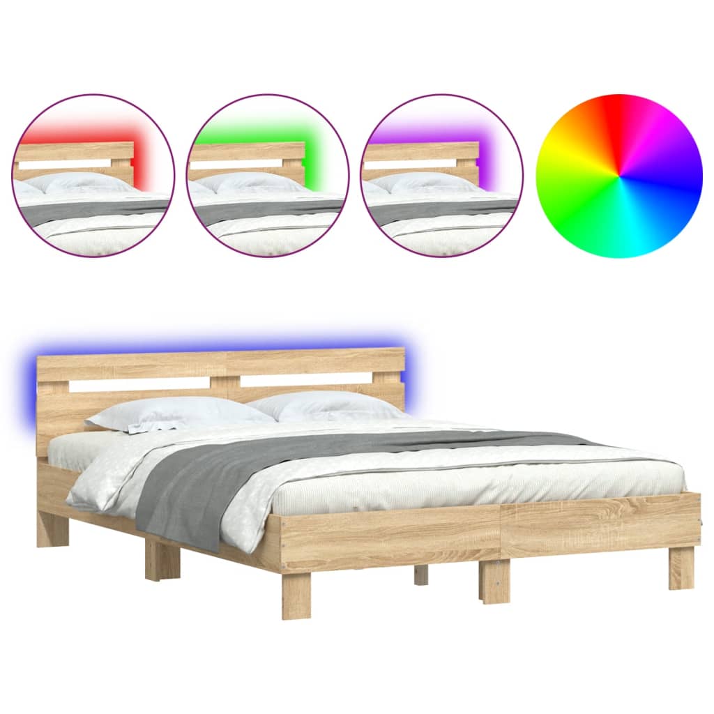 vidaXL Rama łóżka z wezgłowiem i LED, dąb sonoma, 150x200 cm