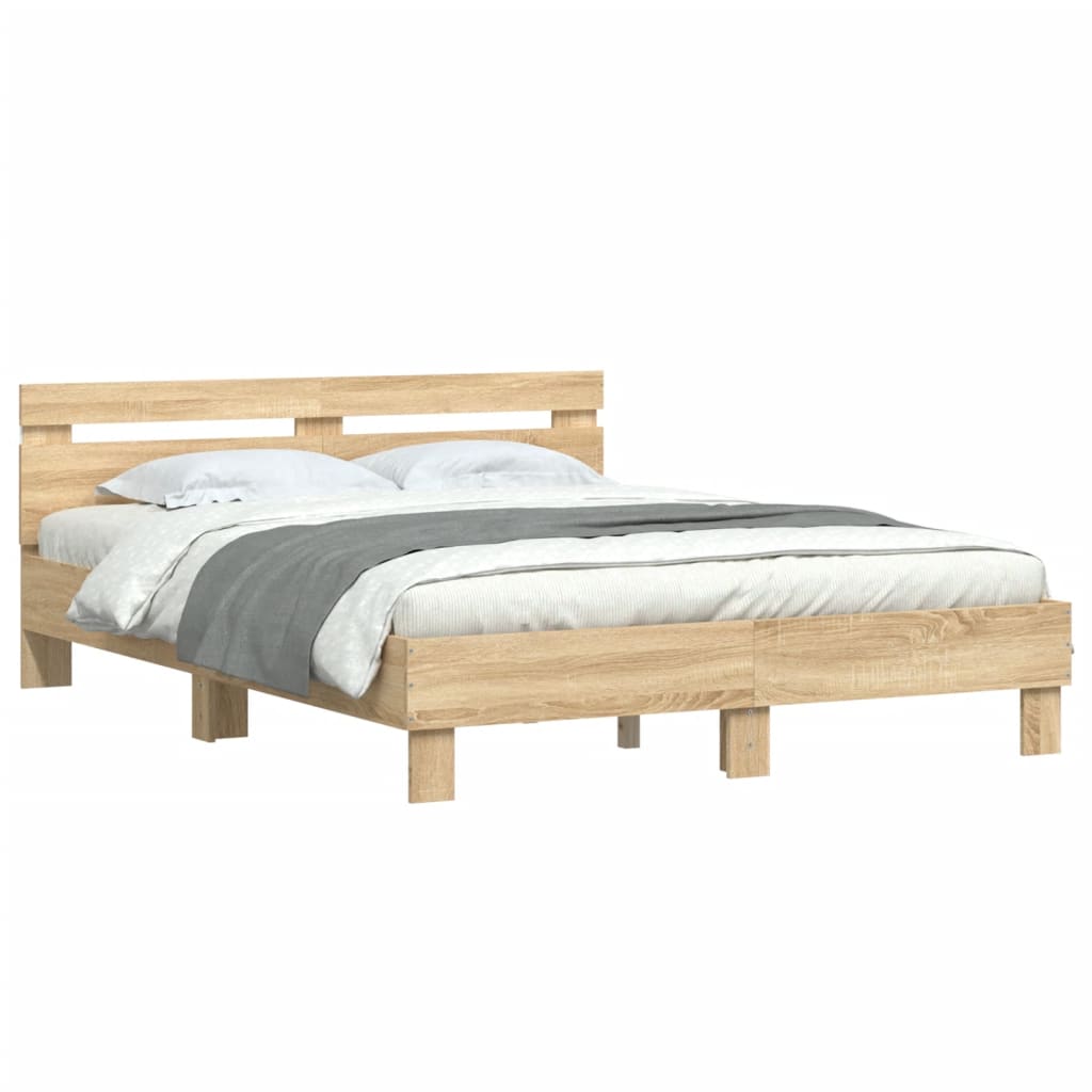 vidaXL Rama łóżka z wezgłowiem i LED, dąb sonoma, 150x200 cm