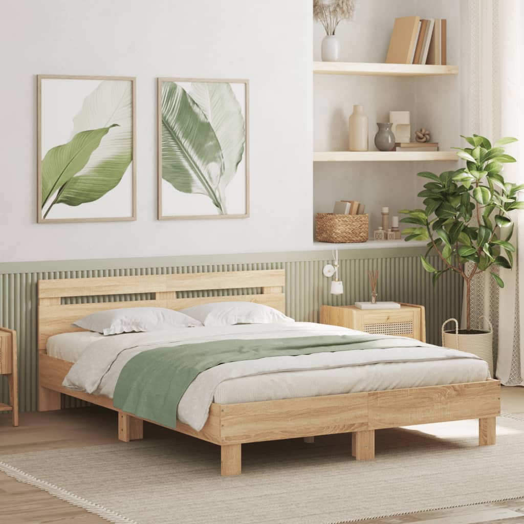 vidaXL Rama łóżka z wezgłowiem i LED, dąb sonoma, 150x200 cm