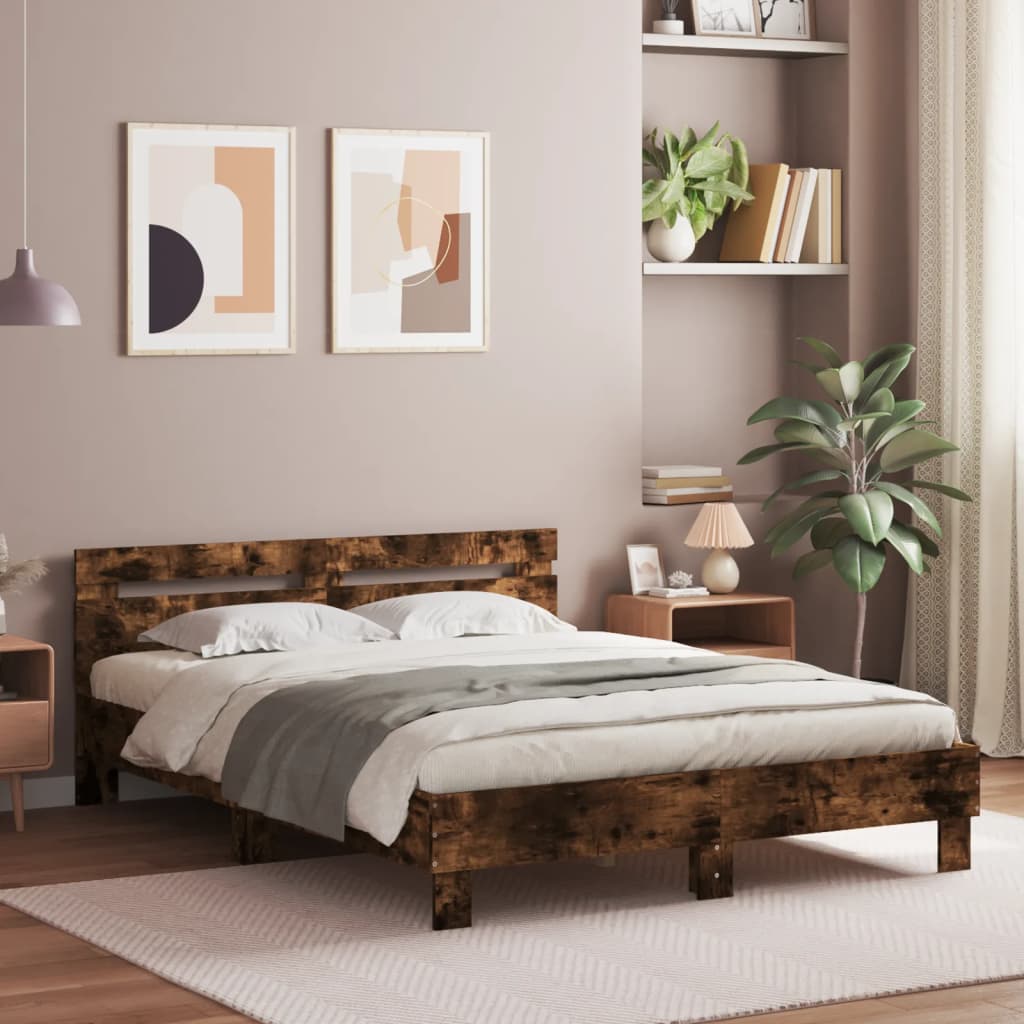 vidaXL Rama łóżka z wezgłowiem i LED, przydymiony dąb, 150x200 cm