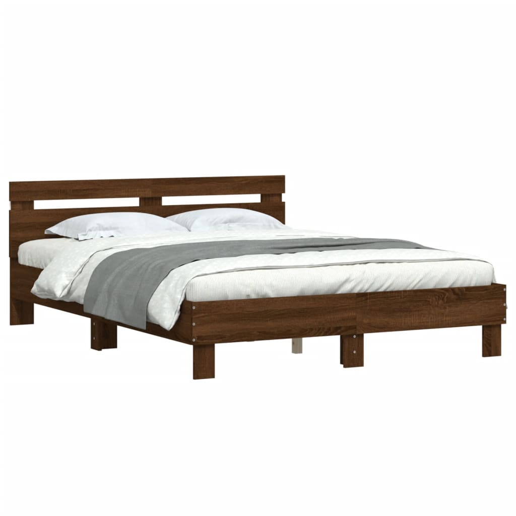 vidaXL Rama łóżka z wezgłowiem i LED, brązowy dąb, 150x200 cm