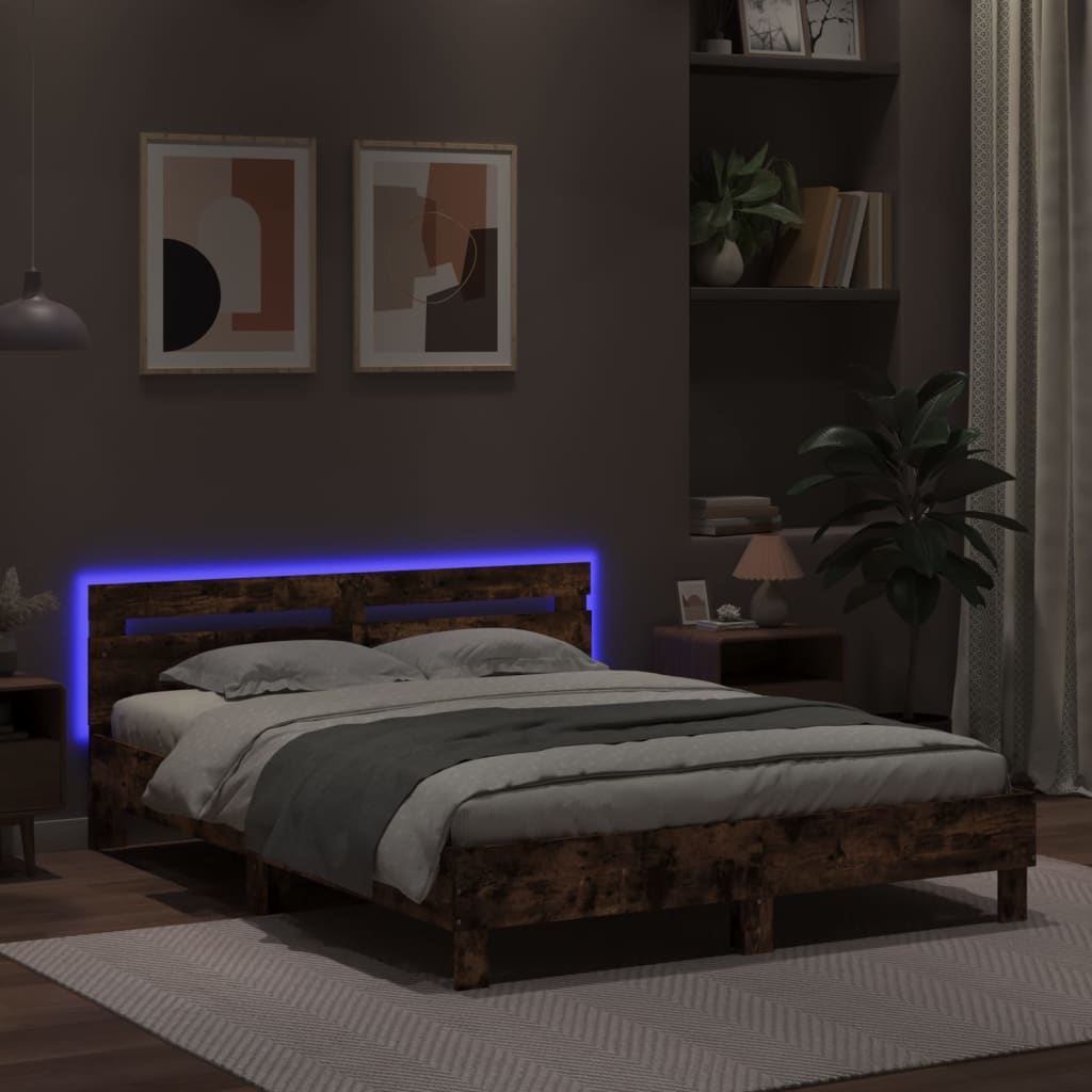 vidaXL Rama łóżka z wezgłowiem i LED, brązowy dąb, 150x200 cm