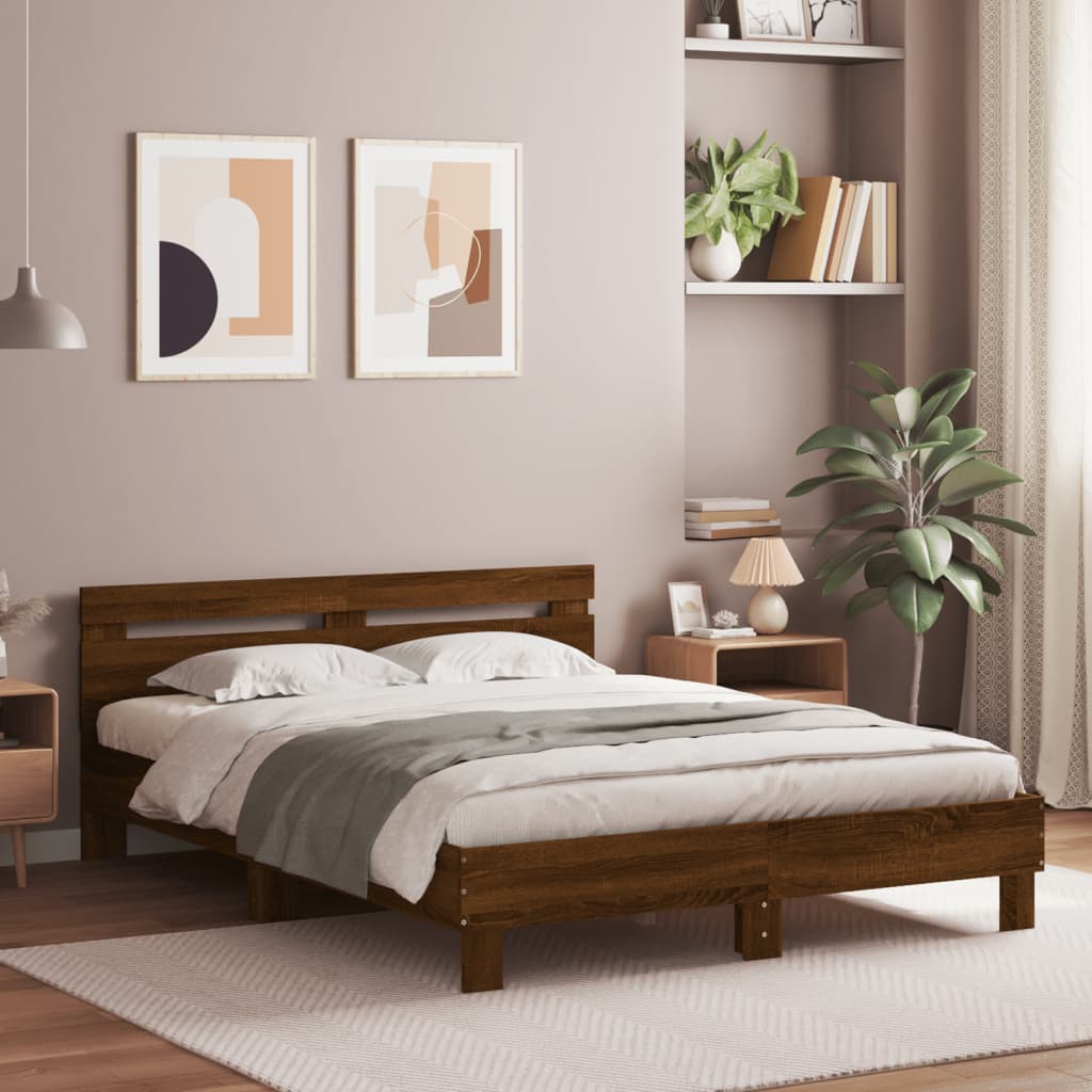 vidaXL Rama łóżka z wezgłowiem i LED, brązowy dąb, 150x200 cm