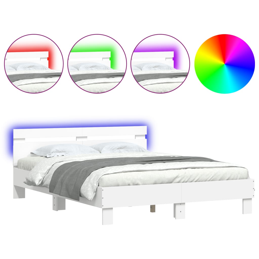 vidaXL Rama łóżka z wezgłowiem i LED, biała, 140x200 cm