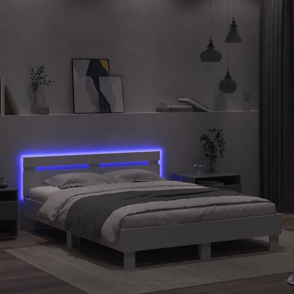 vidaXL Rama łóżka z wezgłowiem i LED, biała, 140x200 cm