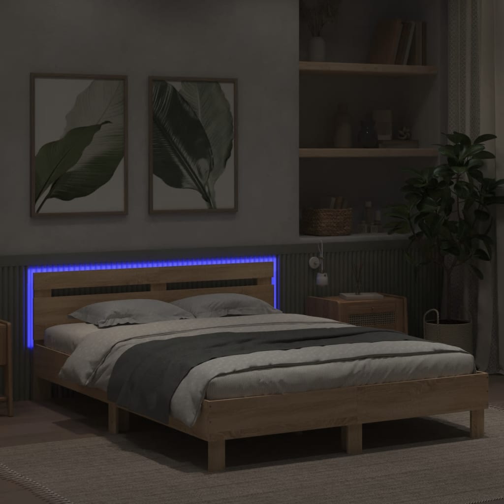 vidaXL Rama łóżka z wezgłowiem i LED, dąb sonoma, 140x200 cm