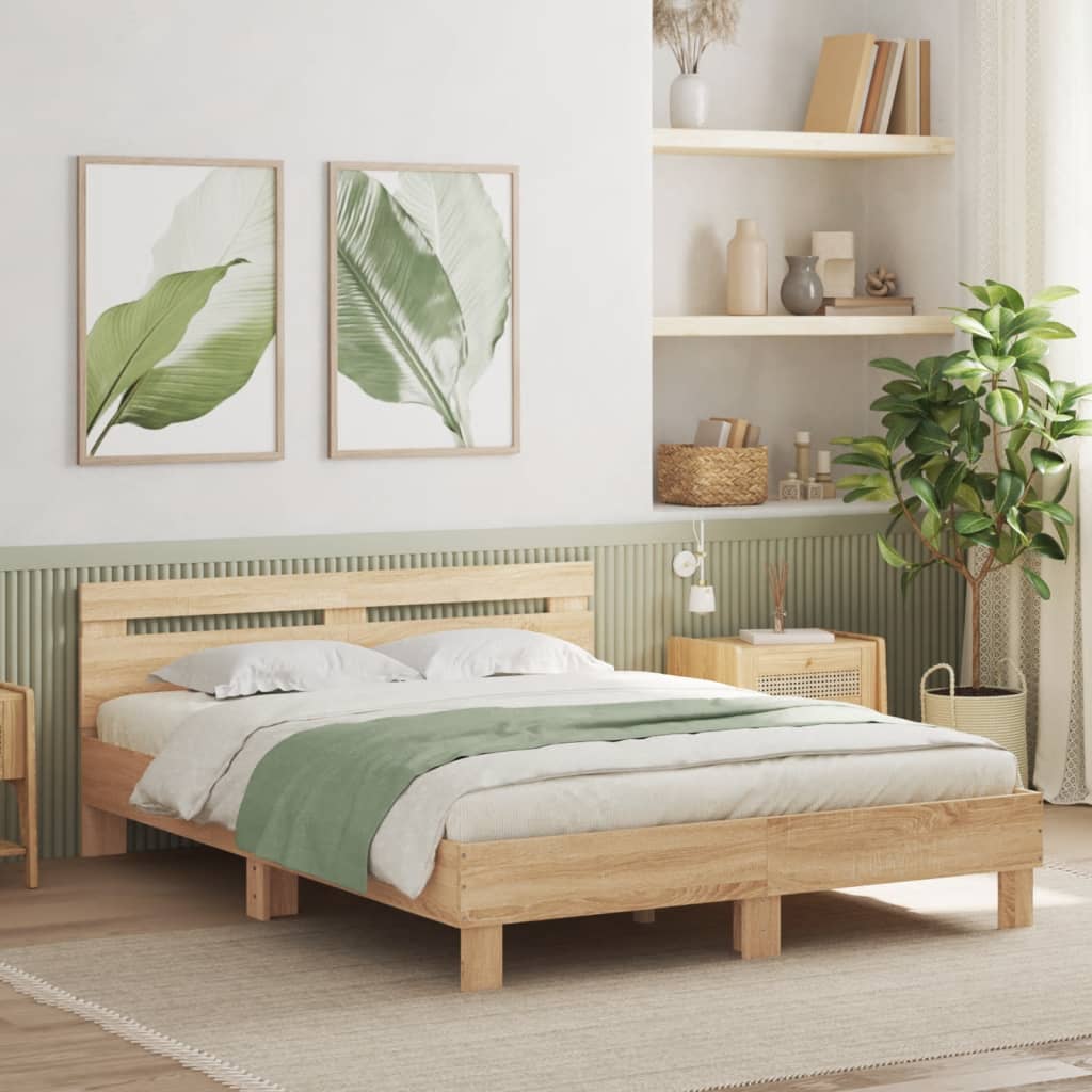 vidaXL Rama łóżka z wezgłowiem i LED, dąb sonoma, 140x200 cm