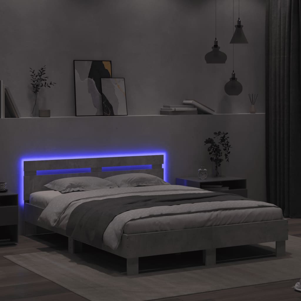vidaXL Rama łóżka z wezgłowiem i LED, szarość betonu, 140x200 cm