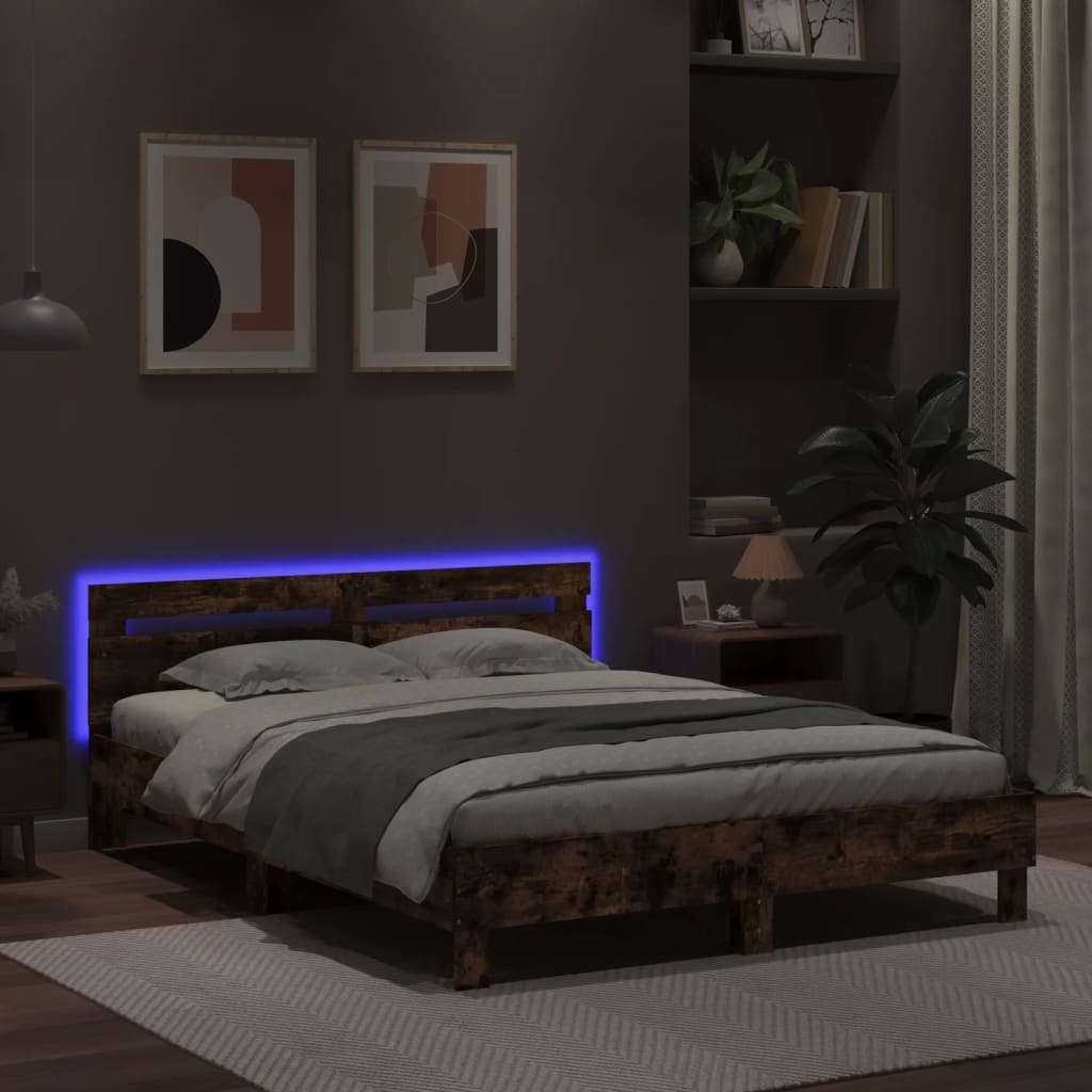 vidaXL Rama łóżka z wezgłowiem i LED, przydymiony dąb, 140x200 cm