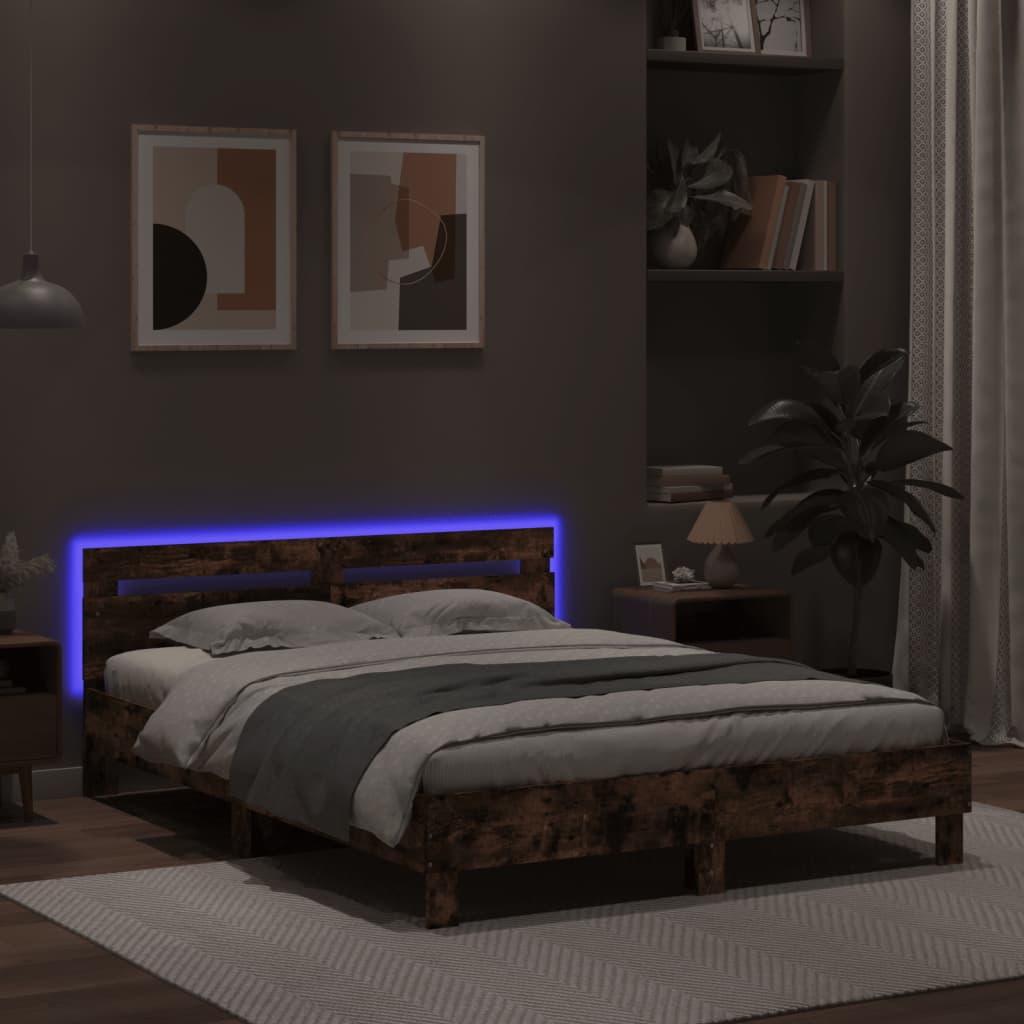 vidaXL Rama łóżka z wezgłowiem i LED, brązowy dąb, 140x200 cm