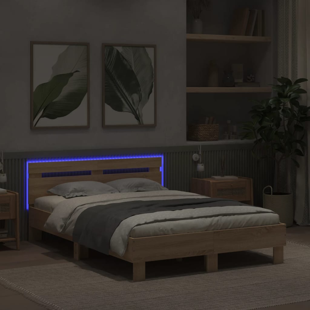 vidaXL Rama łóżka z wezgłowiem i LED, dąb sonoma, 120x200 cm