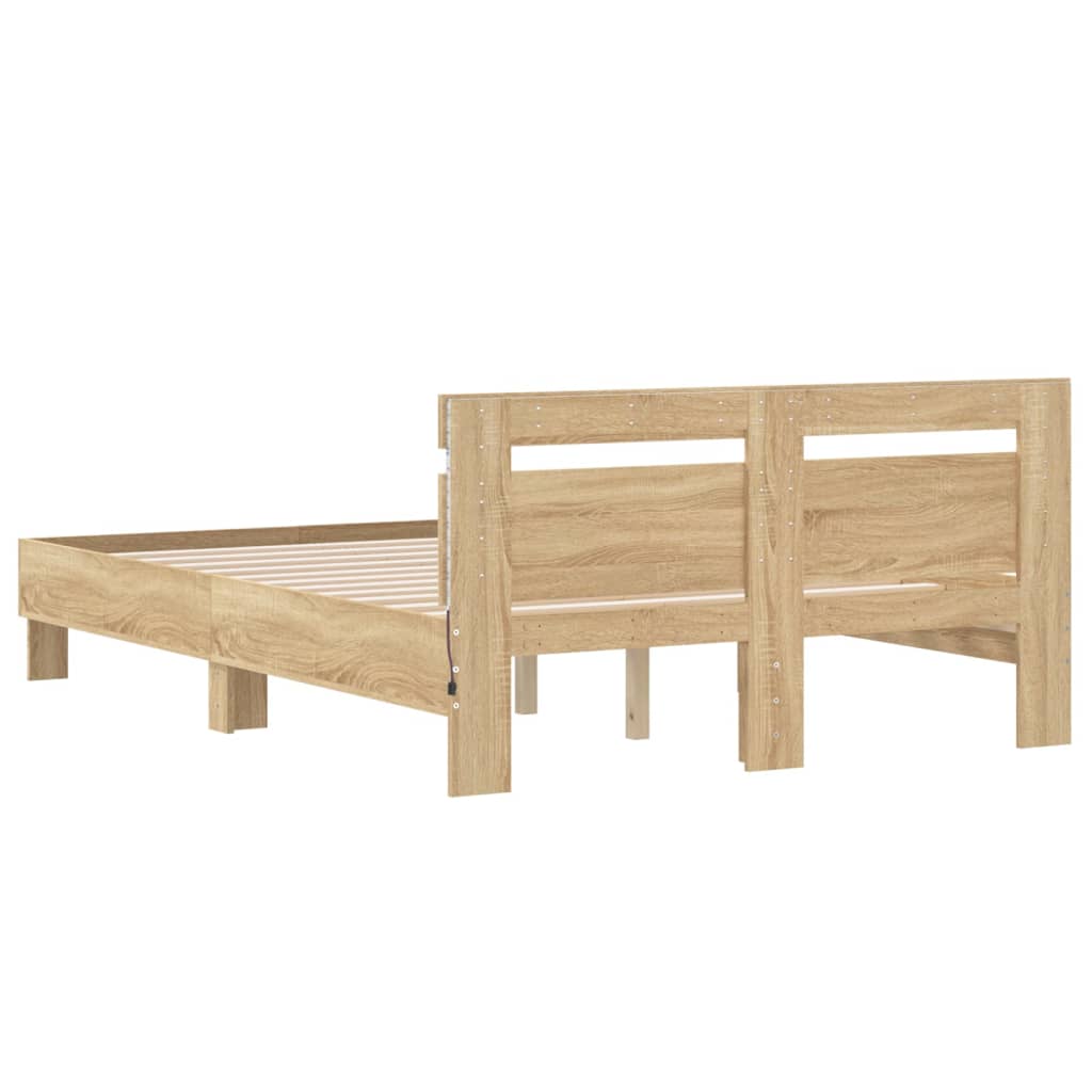 vidaXL Rama łóżka z wezgłowiem i LED, dąb sonoma, 120x200 cm