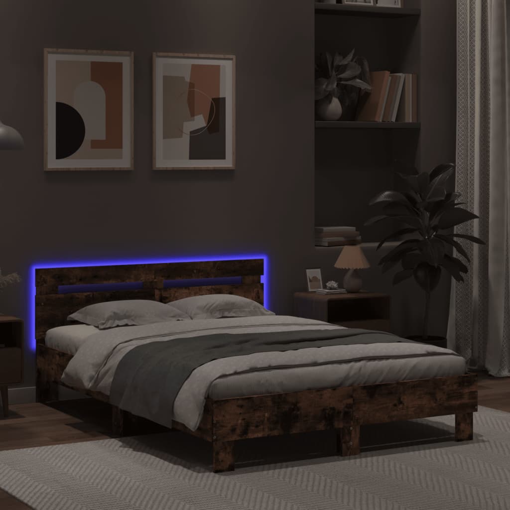 vidaXL Rama łóżka z wezgłowiem i LED, przydymiony dąb, 120x200 cm