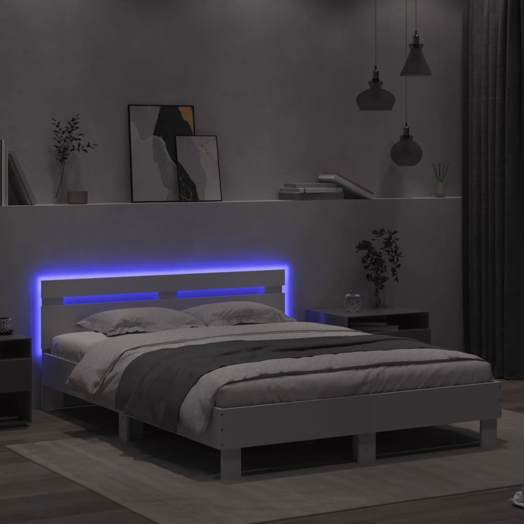 vidaXL Rama łóżka z wezgłowiem i LED, biała, 140x190 cm