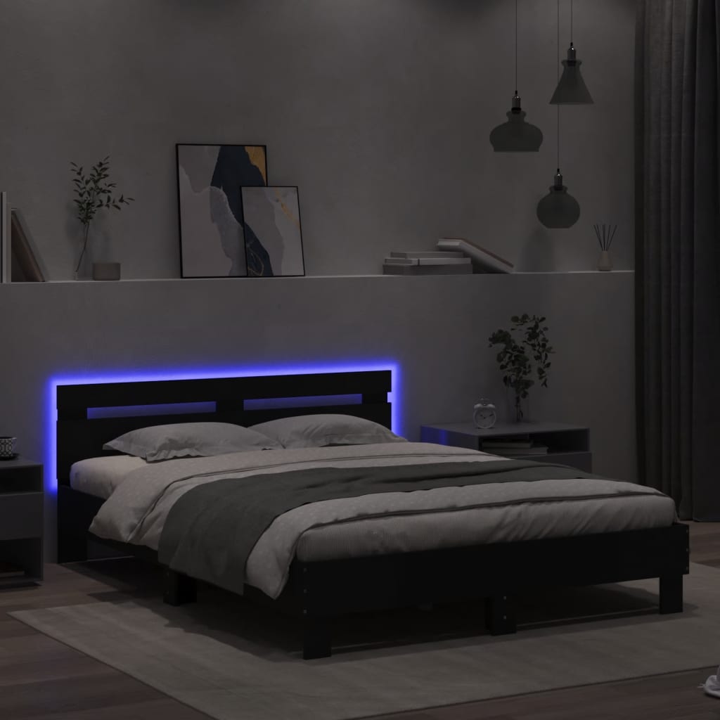 vidaXL Rama łóżka z wezgłowiem i LED, czarna, 140x190 cm