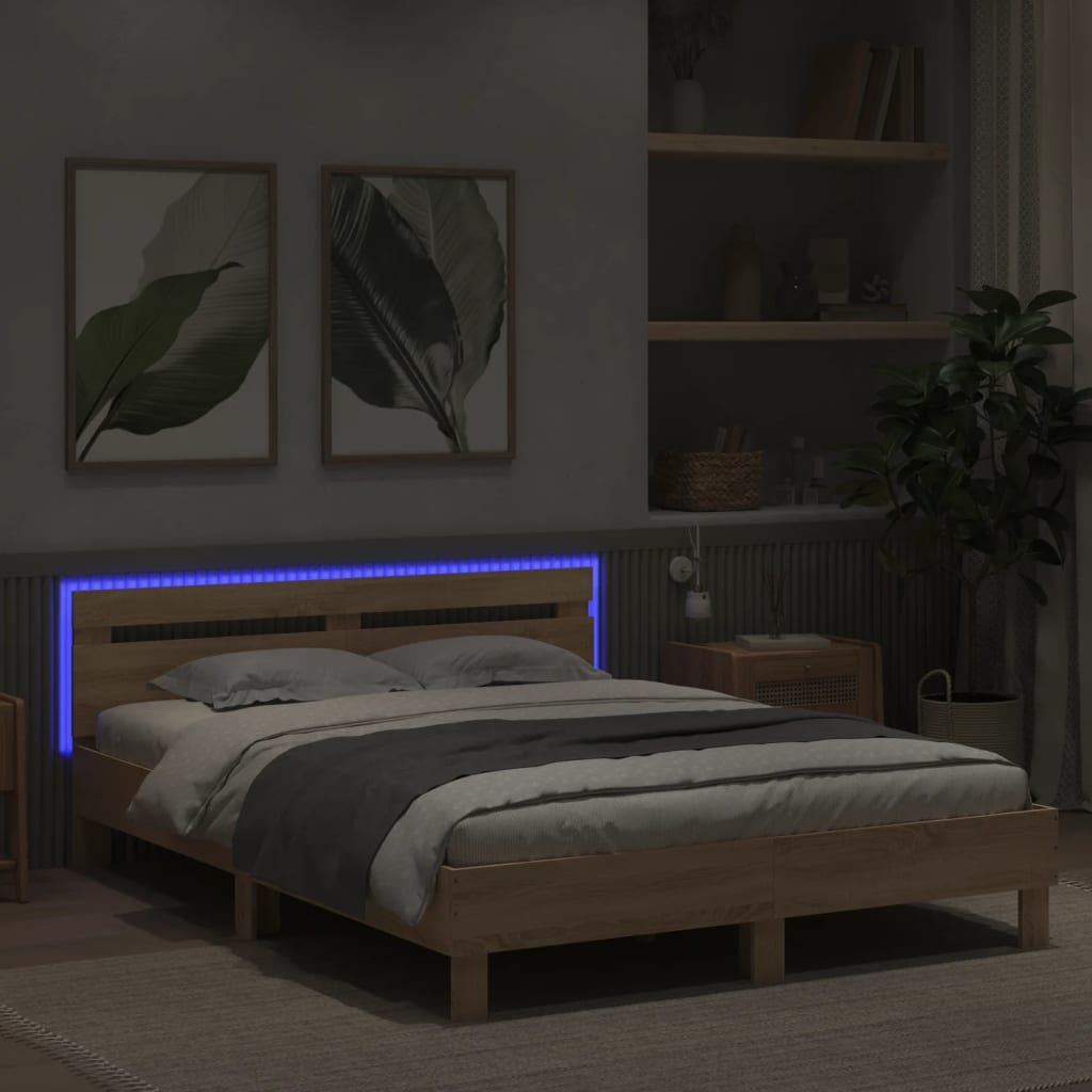 vidaXL Rama łóżka z wezgłowiem i LED, dąb sonoma, 140x190 cm
