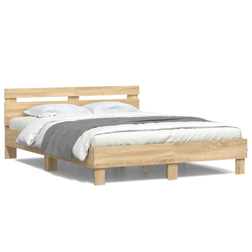 vidaXL Rama łóżka z wezgłowiem i LED, dąb sonoma, 140x190 cm