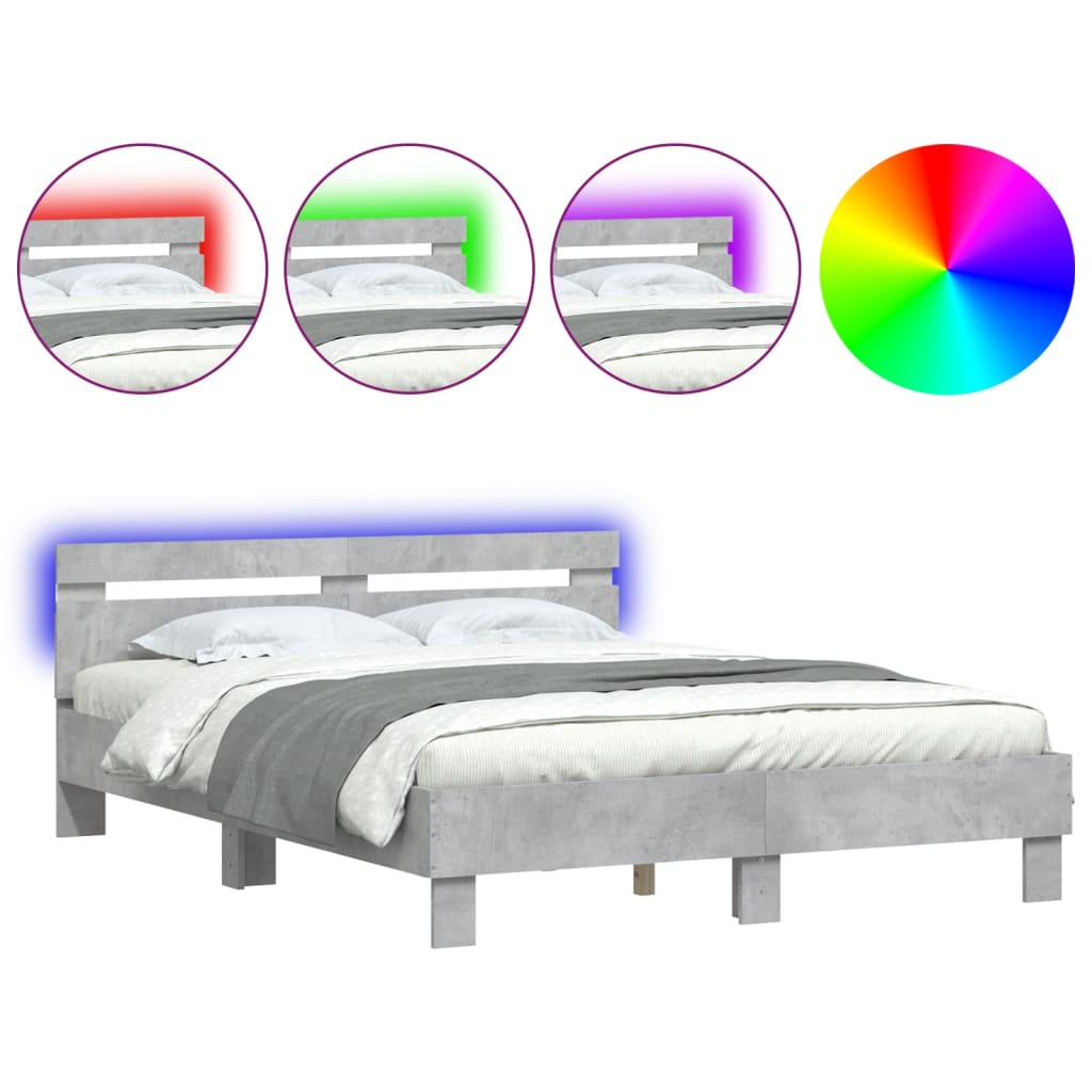 vidaXL Rama łóżka z wezgłowiem i LED, szarość betonu, 140x190 cm