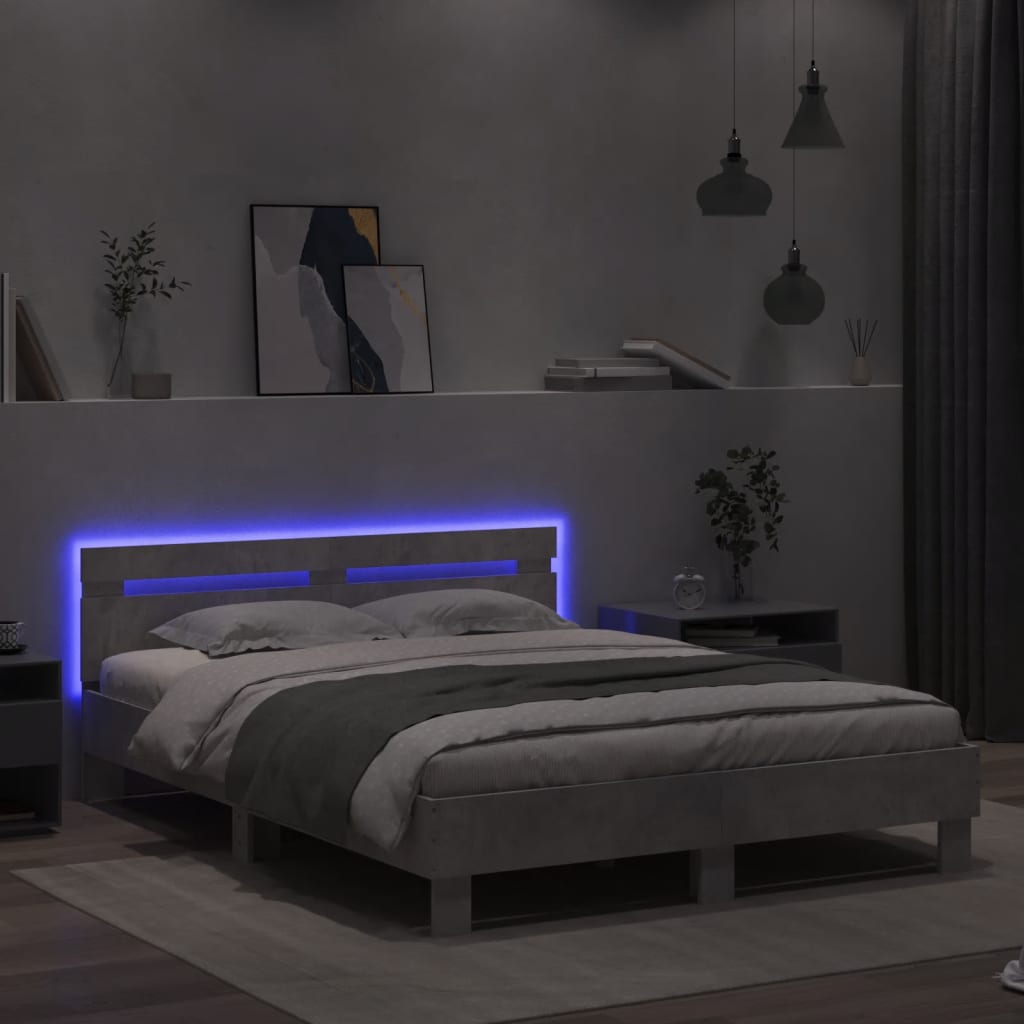 vidaXL Rama łóżka z wezgłowiem i LED, szarość betonu, 140x190 cm