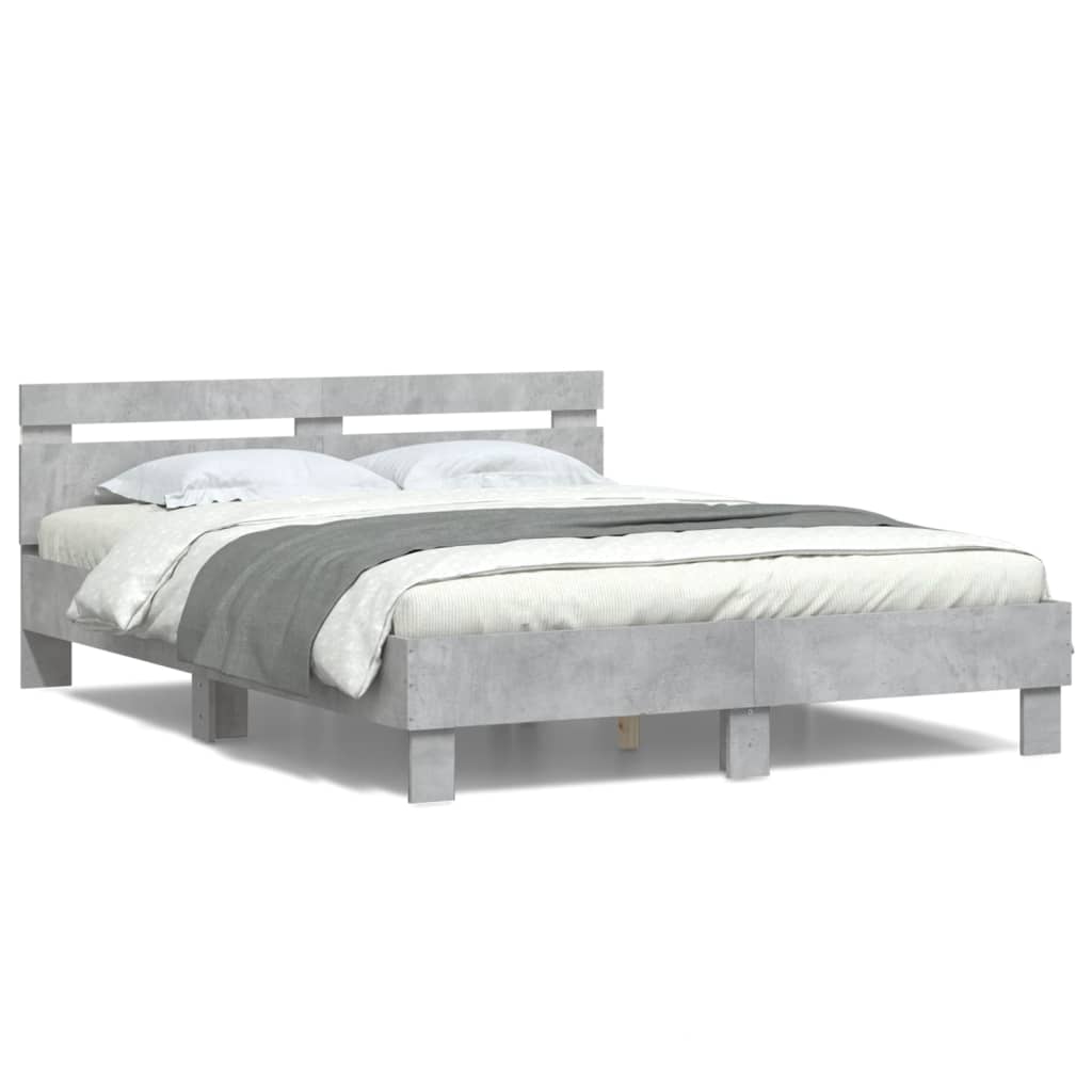 vidaXL Rama łóżka z wezgłowiem i LED, szarość betonu, 140x190 cm
