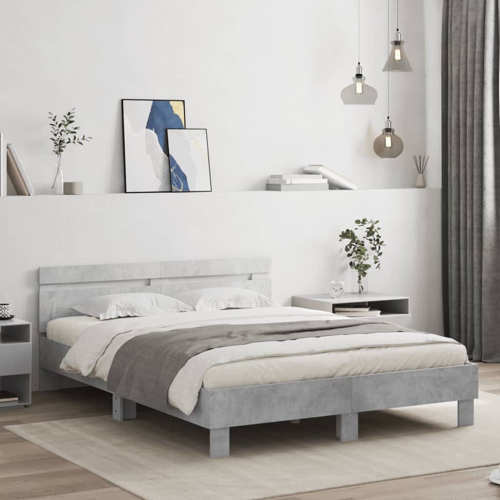 vidaXL Rama łóżka z wezgłowiem i LED, szarość betonu, 140x190 cm