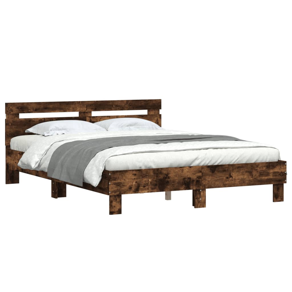 vidaXL Rama łóżka z wezgłowiem i LED, przydymiony dąb, 140x190 cm