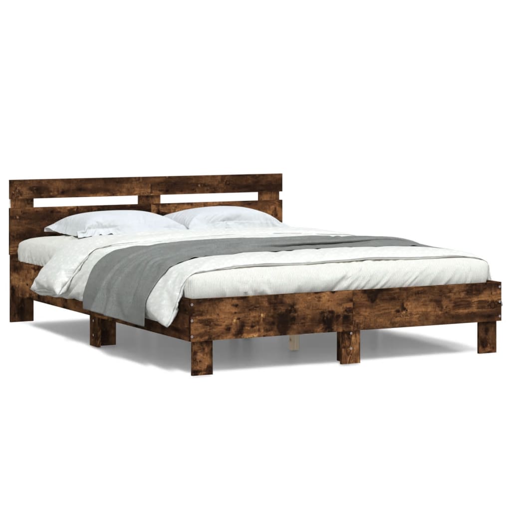 vidaXL Rama łóżka z wezgłowiem i LED, przydymiony dąb, 140x190 cm