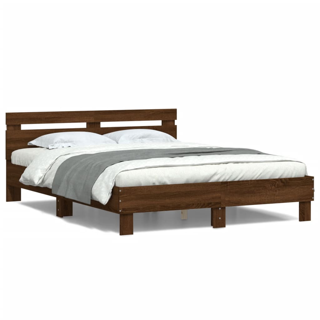 vidaXL Rama łóżka z wezgłowiem i LED, brązowy dąb, 140x190 cm
