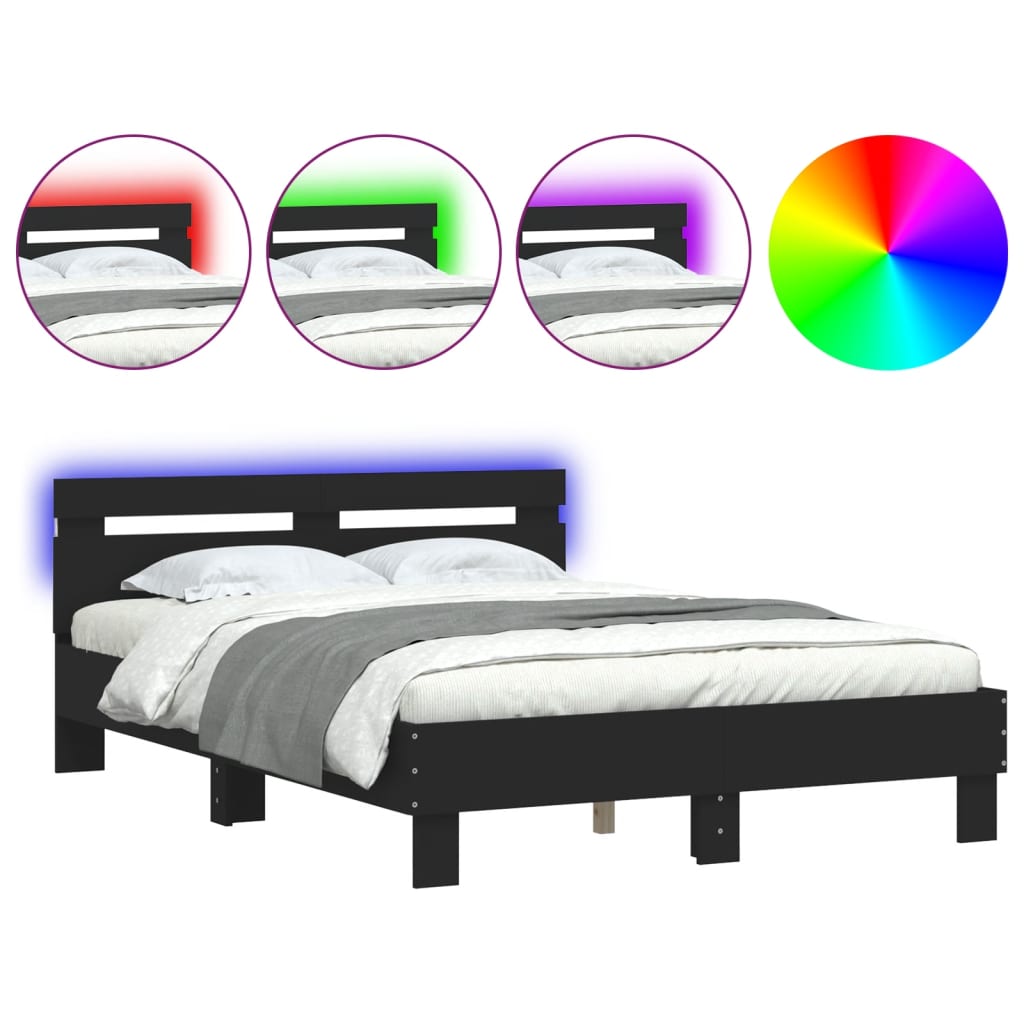vidaXL Rama łóżka z wezgłowiem i LED, czarna, 135x190 cm