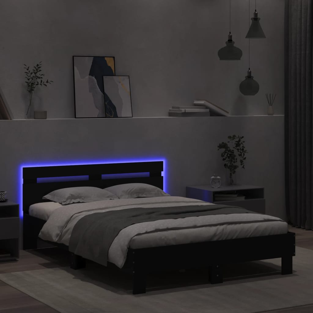 vidaXL Rama łóżka z wezgłowiem i LED, czarna, 135x190 cm