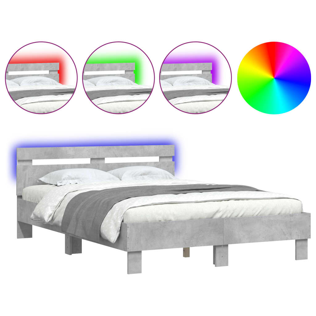 vidaXL Rama łóżka z wezgłowiem i LED, szarość betonu, 135x190 cm