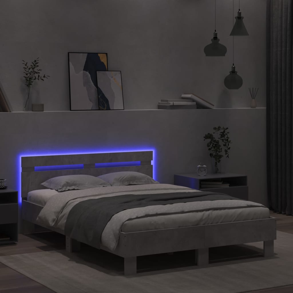 vidaXL Rama łóżka z wezgłowiem i LED, szarość betonu, 135x190 cm