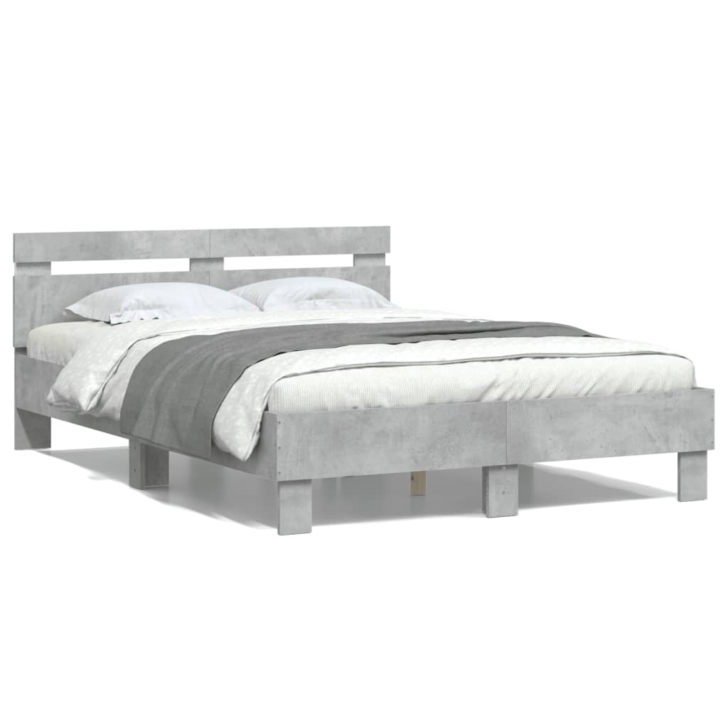 vidaXL Rama łóżka z wezgłowiem i LED, szarość betonu, 135x190 cm
