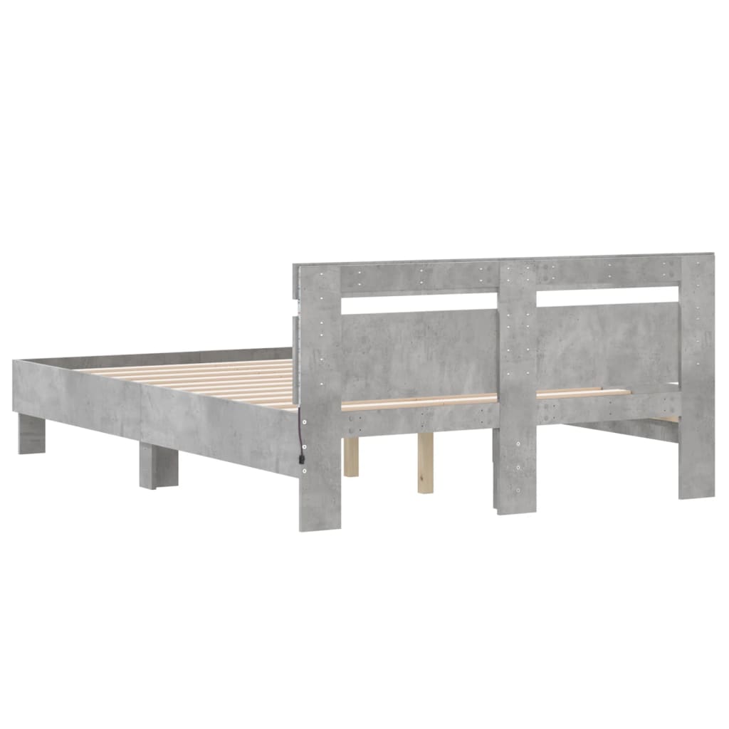 vidaXL Rama łóżka z wezgłowiem i LED, szarość betonu, 135x190 cm