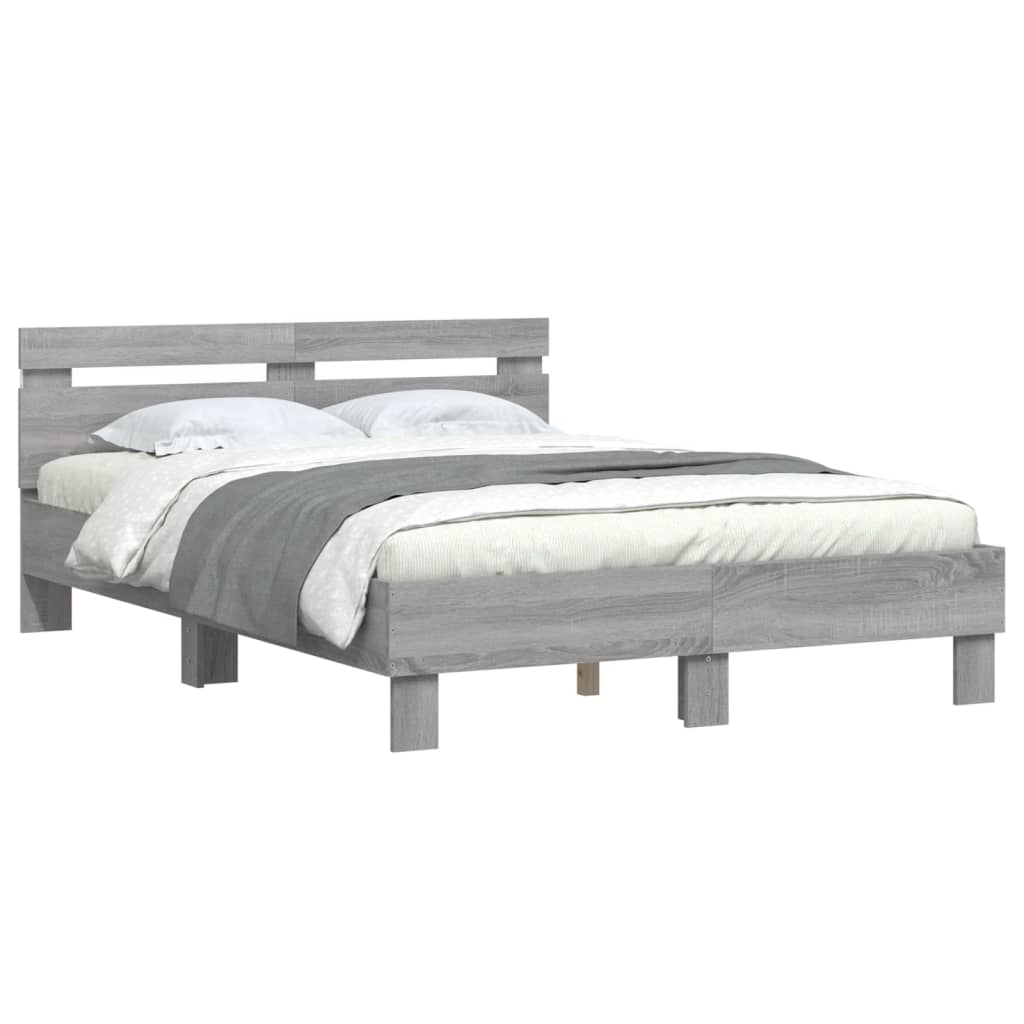 vidaXL Rama łóżka z wezgłowiem i LED, szary dąb sonoma, 135x190 cm