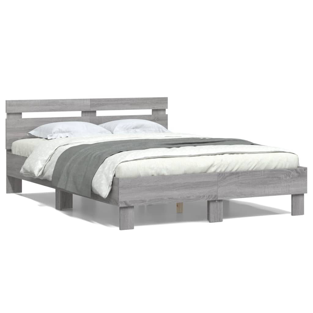 vidaXL Rama łóżka z wezgłowiem i LED, szary dąb sonoma, 135x190 cm
