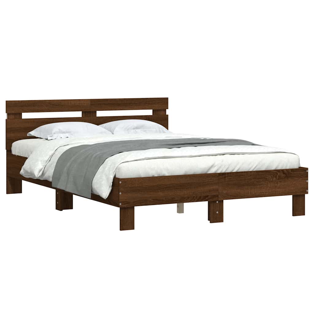 vidaXL Rama łóżka z wezgłowiem i LED, brązowy dąb, 135x190 cm